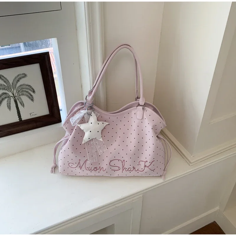 Koreanische große Canvas-Tragetasche mit Polka-Dot-Sternmuster, süße, edgy Schultertasche im Ballett-Schleifen-Stil, vielseitige Damen-Handtasche für den Arbeitsweg – Detail 15