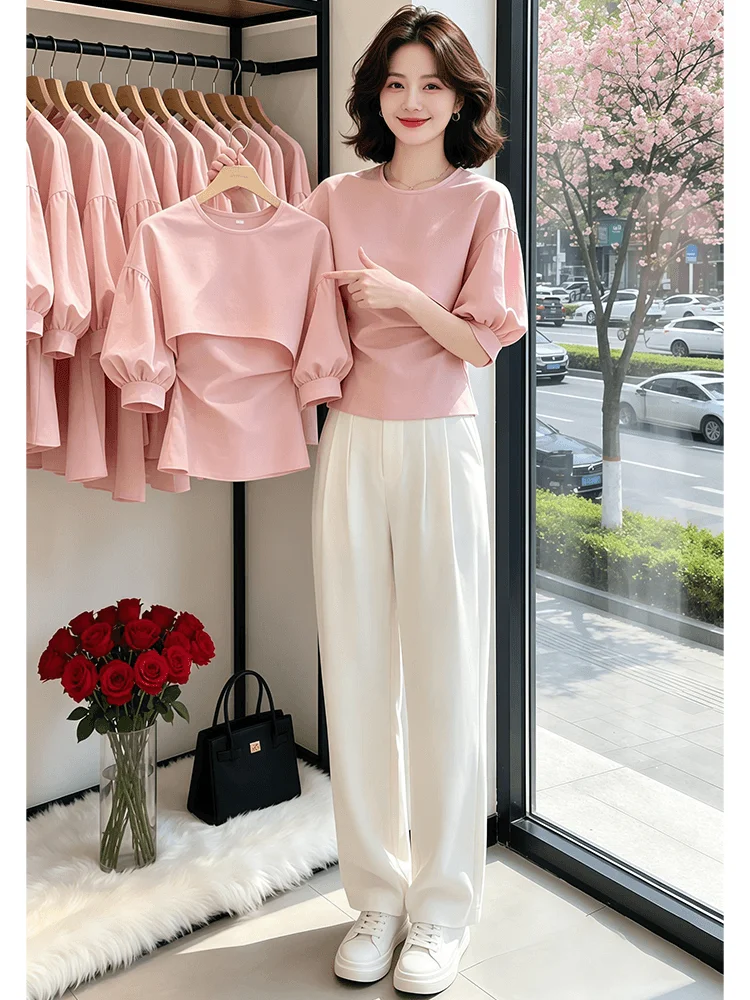 

Elegant Pink Shirt Women's Casual Slimming Beautiful Shirt Summer New Style Fashionable Versatile Waist-Cinching Slimming