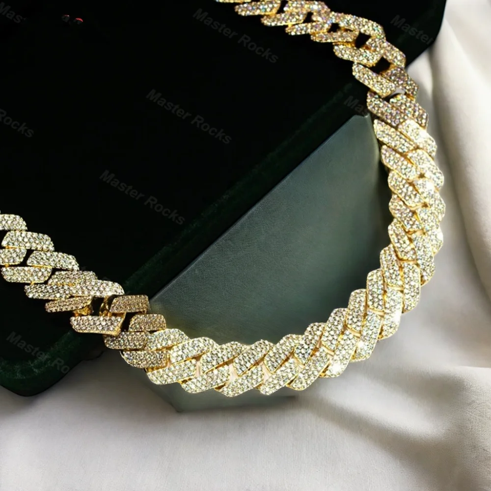 

Dope Hiphop 925 Sterling Silver Iced out Jewelry Buss Down Gold Plated 4 Rows 20mm Moissanite Cuban Chain