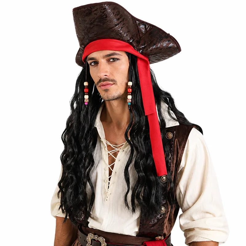 Halloween Pirate Costume Accessory Set Long Black Curly Wig Medieval Pirate Hat Carnival Masquerade Fancy Dress Party Props image 2