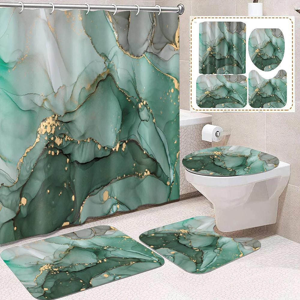 

1 set of green gilded marble printed shower curtains, modern minimalist style, with 12 hooks and bathroom flooring