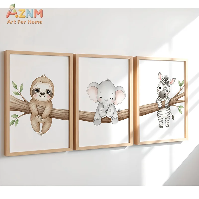 AZNM Frameless Canvas Poster Cute Sloth Elephant Zebra On Branch Print, Watercolor Cartoon Animal Wall Art Picture for Baby Nurs