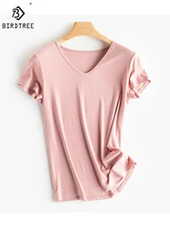 BirdTree Contain 10% Silk T-Shirts for Women, V O U Neck Solid Short Sleeve, Ins Style Basic Tees, 2024 Spring New Top T41854QM