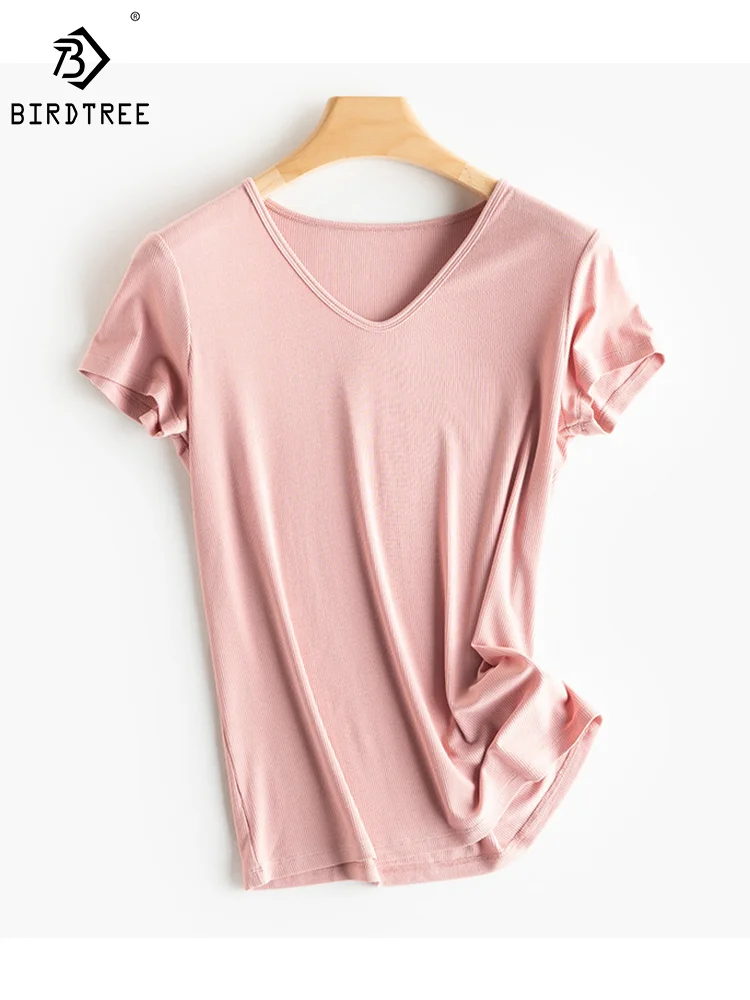 BirdTree zawiera 10% jedwabiu T-shirty dla kobiet, V O U Neck Solid Short Sleeve, Ins Style Basic Tees, 2024 Spring New Top T41854QM