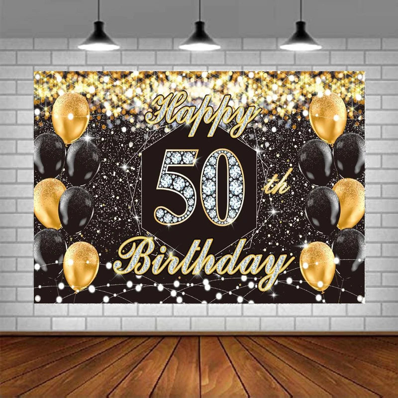 

Happy 50th Birthday Party Banner Photography Backdrop Decorations Black Gold Black Gold Balloon Background Supplies