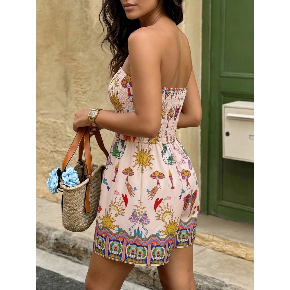 Vintage Print Strapless Romper Women Smocked Back Tube Playsuit Casual Short Jumpsuit Summer Daily Vacation Outfit