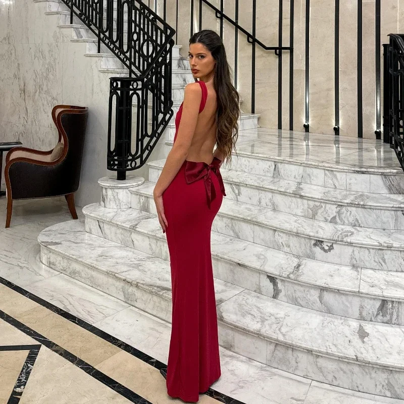 

Women's Sleeveless Evening Dress Sexy Big Bow Backless Gala Dress Red Maxi Wedding Guest Party Dresses