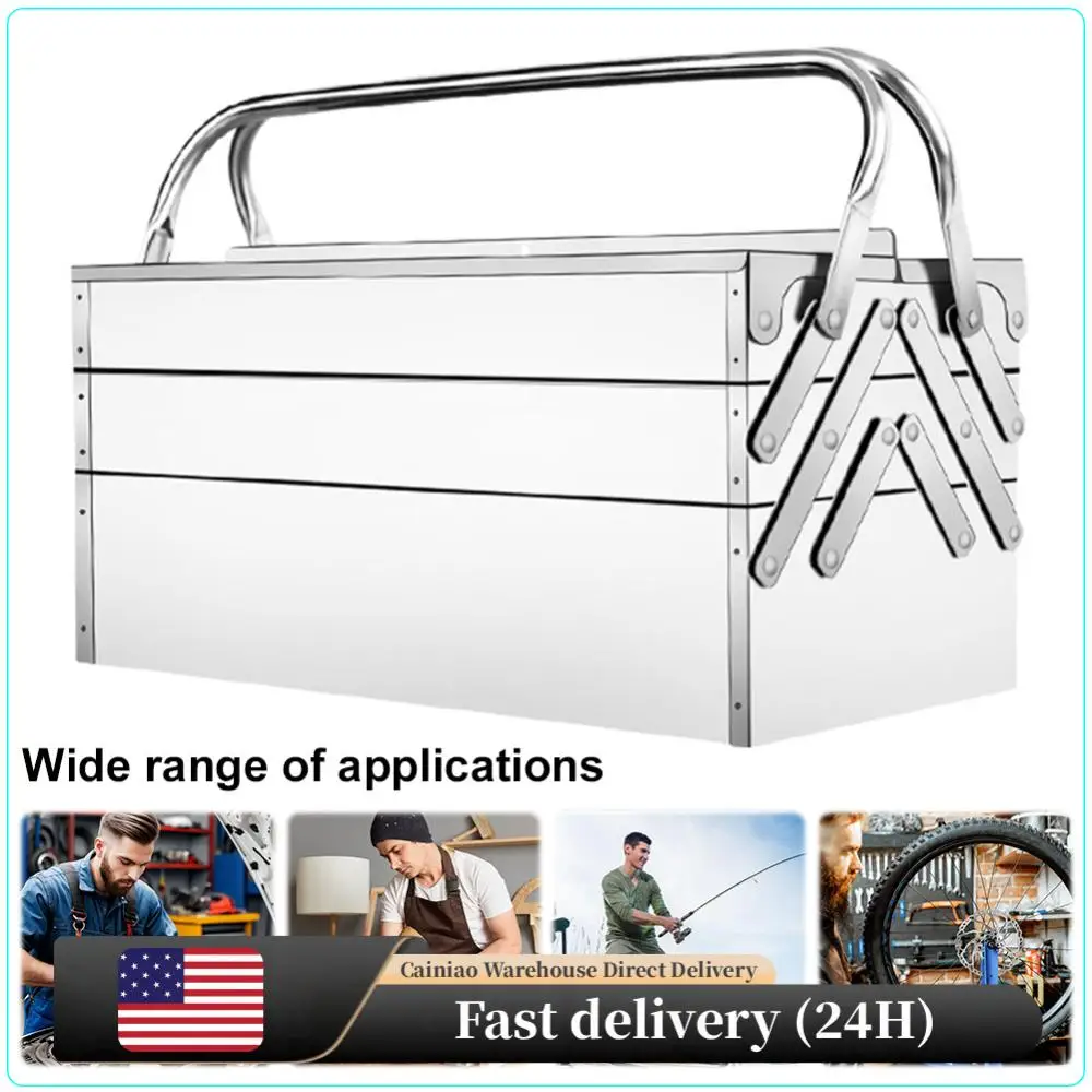 

Складной ящик для инструментов из нержавеющей стали, металлический, 3-слойный, с 5 выдвижными лотками, компактный органайзер для DIY, использования на улице и в строительстве