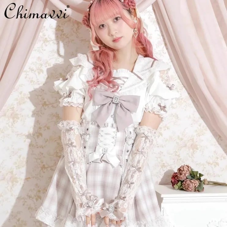 2025 ฤดูร้อนใหม่ญี่ปุ่นMineลูกไม้น่ารักโบว์แขนสาวหวานผู้หญิงCos Rhinestoneโบว์ลูกไม้Oversleeve Lolita Handwear