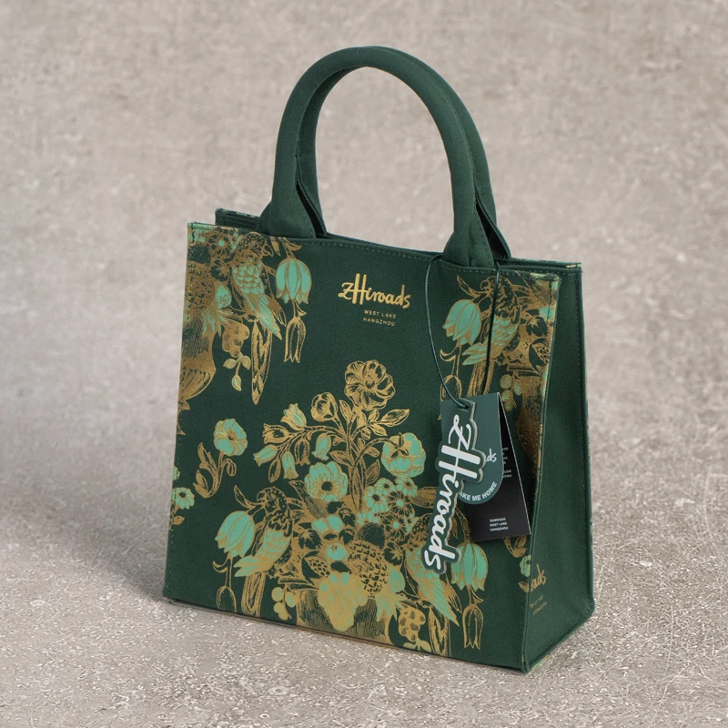 

Eco-Friendly Cotton Canvas Tote Bag - Vintage Green Gold Print Small Handbag, Reusable Shopping Bag ﻿