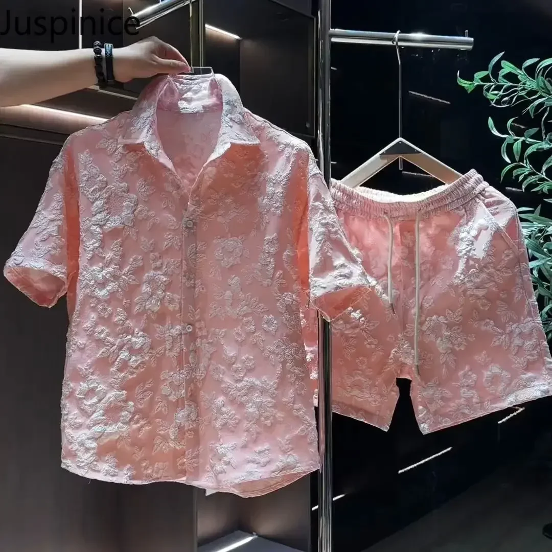 

Summer Printed Short-sleeved Shirt Shorts Suit Men's Handsome Loose Casual High Street Personalized Tops Pants Male Clothes
