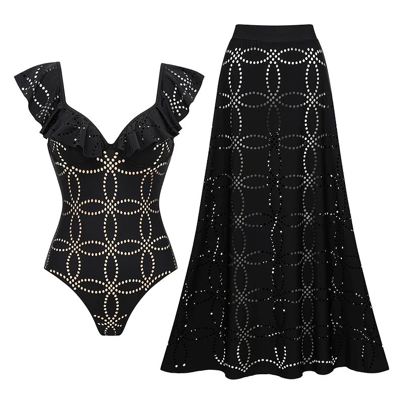 

New Sexy Bikini Set Printed Brazilian Biquini Women Swimwear Black Ruffle Laser Cutting Flower Swimsuit Summer Beachwear Dress