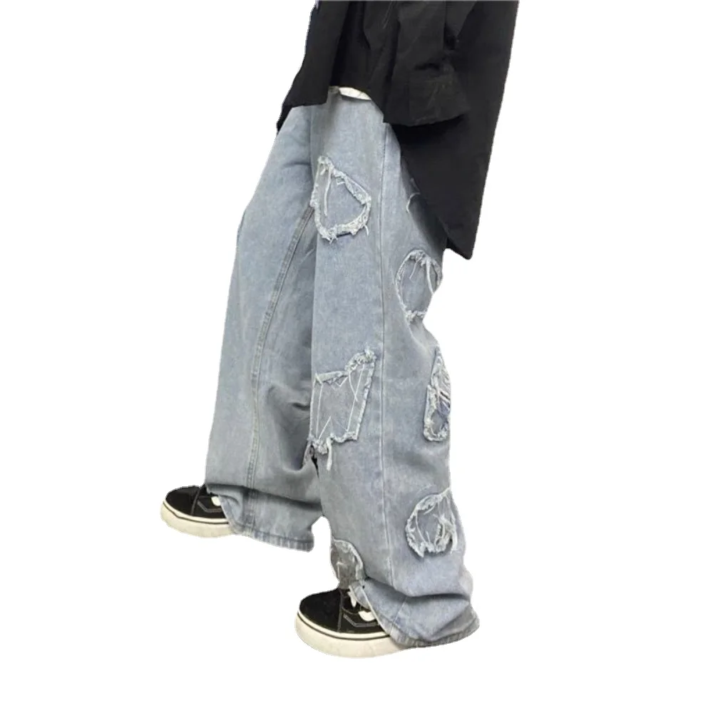 Jeans Men Stretch Denim cargo Pants Streetwear Wide Leg Joggers Men Washed Patch Casual Straight Baggy Jeans y2k Trousers