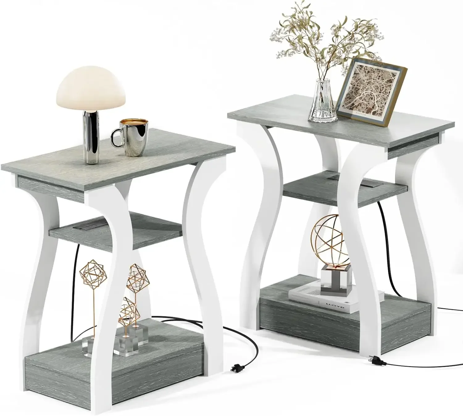 Set of 2 with Charging Station, Side Table with USB Ports and Outlets, Nightstand, 3 Tier End table with Storage Shelf for Livin