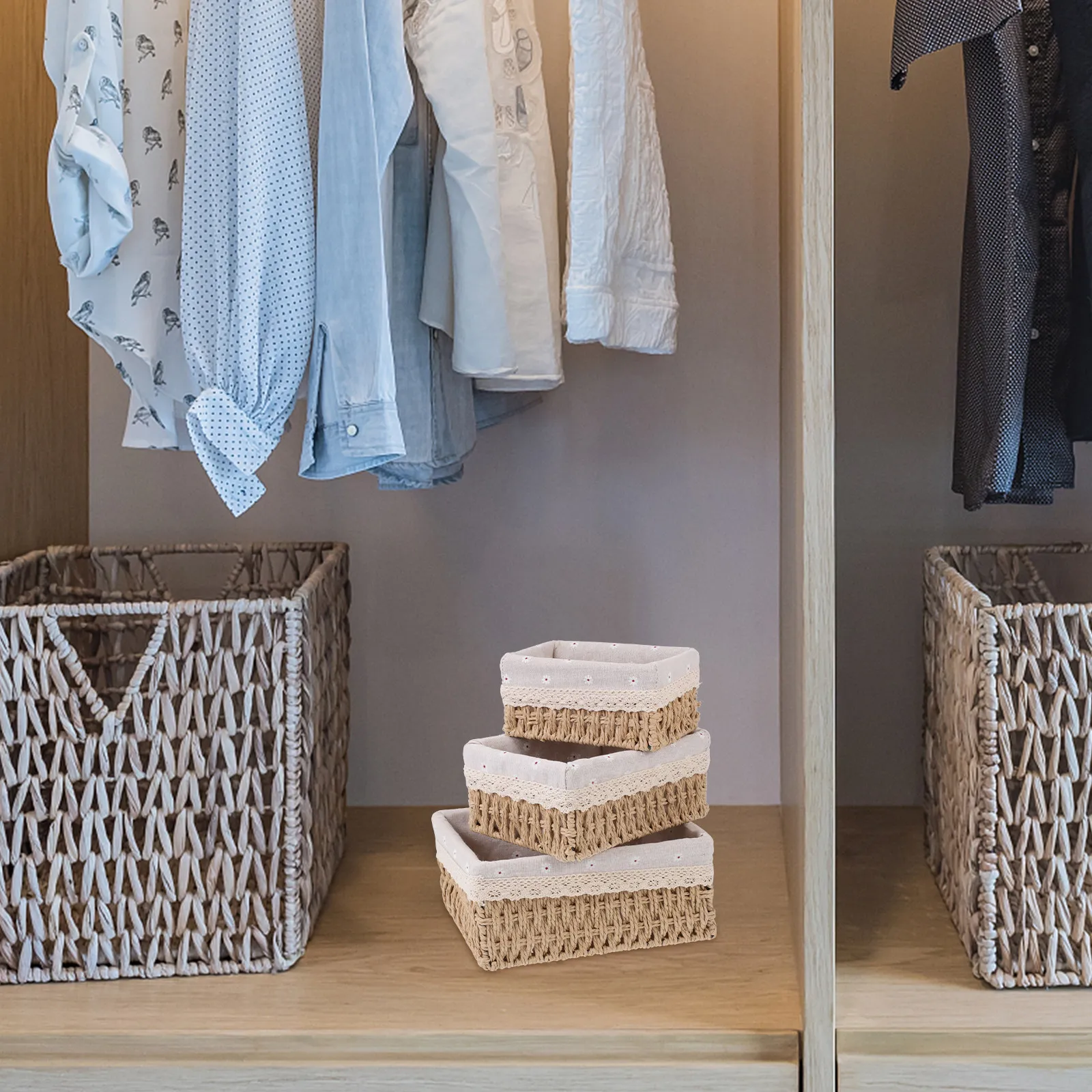3Pcs Eco-Friendly Rattan Braided Storage Baskets with Metal Frame Rustic Decorative Indoor Organizer for Cosmetics Books Daily