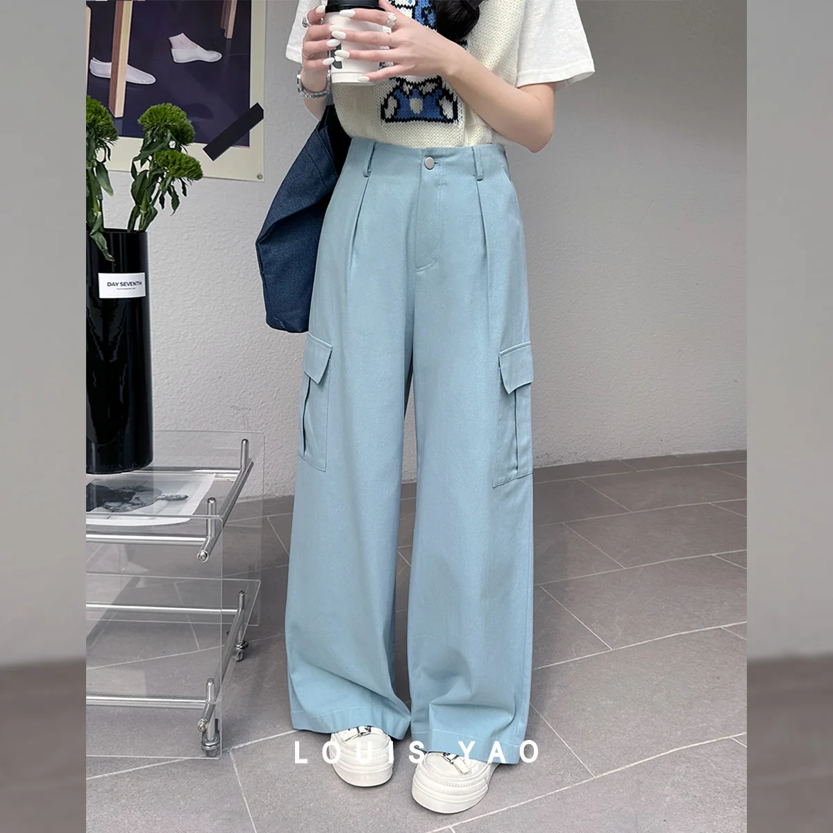 

LOUIS YAO Casual Cargo Pants 2026 Spring & Autumn Fashion 3D Pockets 100% Cotton High Waist Women's Casual Trousers