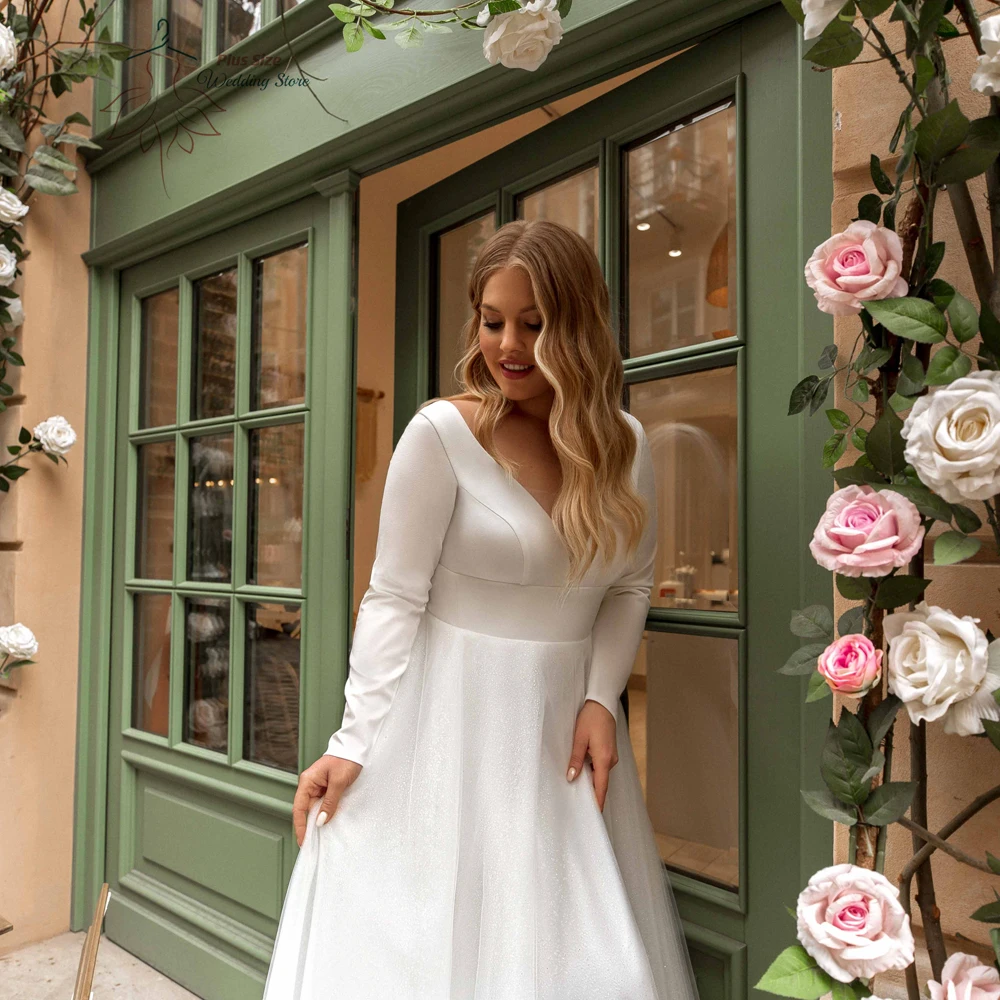 

Glitter Wedding Dresses Plus Size V Neck Long Sleeves A-Line Bride Gowns Back Zipper Floor Length Tulle Robe De Mariee 2024