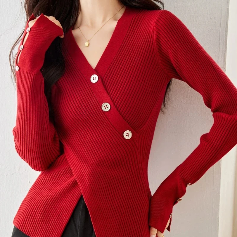 

Elegant V Neck Knit Blouse With Button Detail Slim Fit For Women Spring Autumn Wear