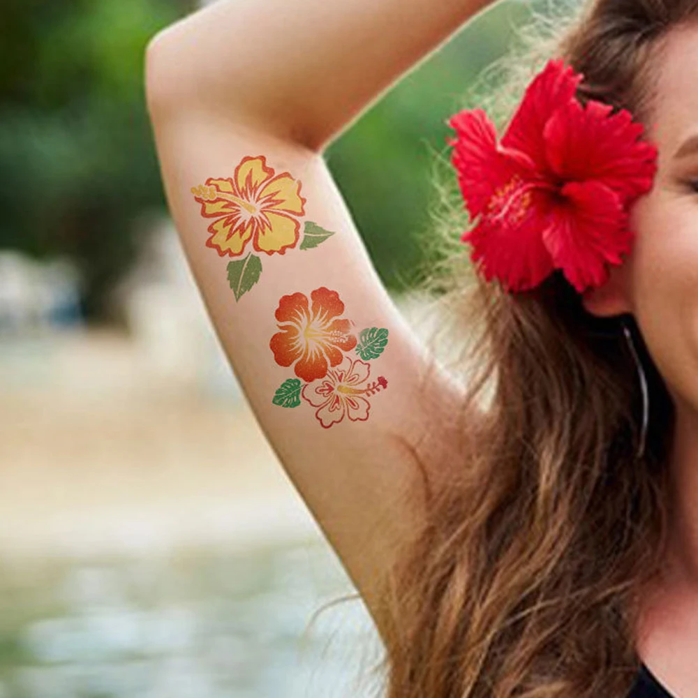 20pcs Glitter Flower Tattoo Stickers for Women Hibiscus Pattern Temporary Tattoos for Hawaiian Summer Holiday Body Art