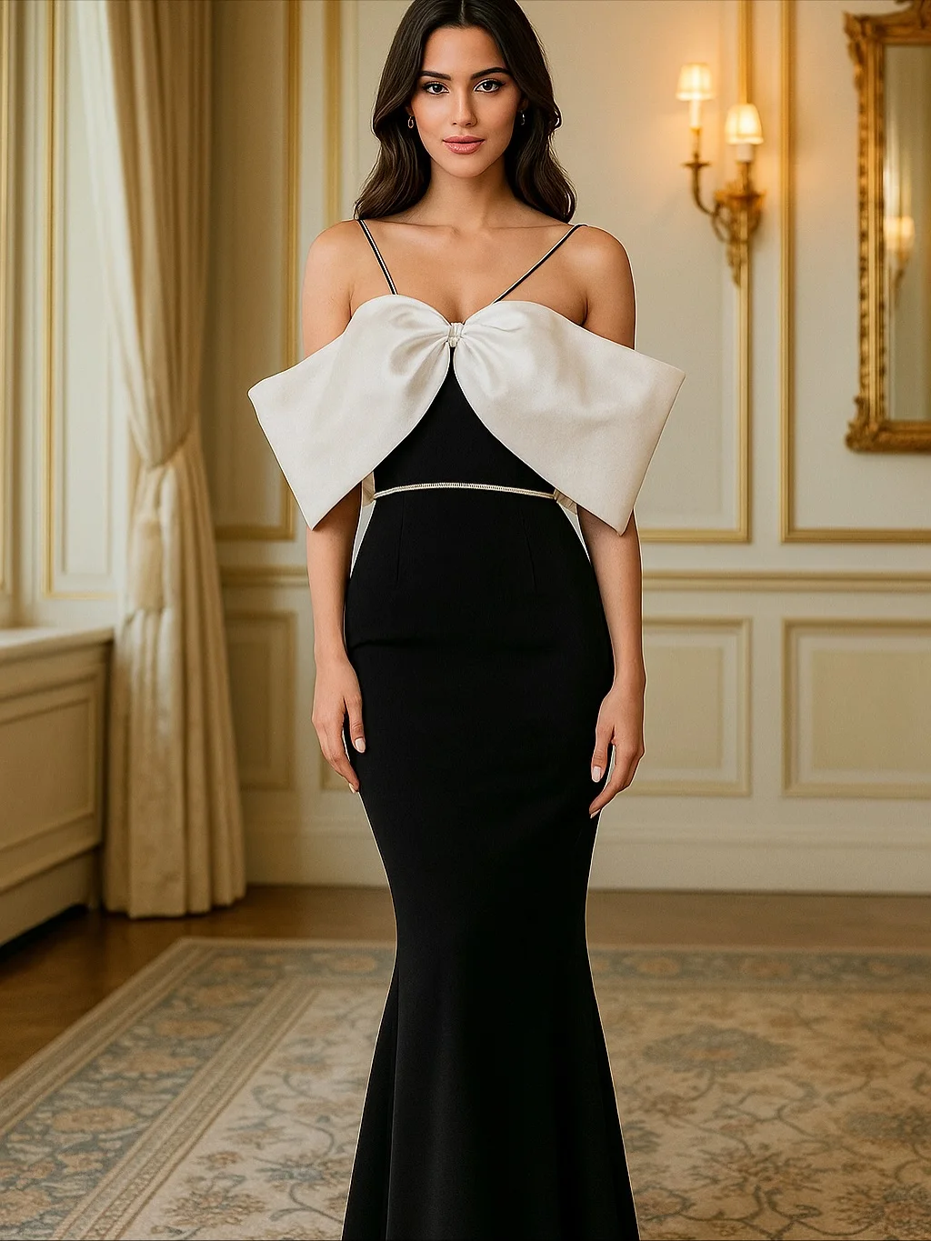 

Design Fashion Big Bow Beading Spaghetti Straps Evening Dress Sash Slim Mermaid Sexy Princess Prom Formal Party Dress