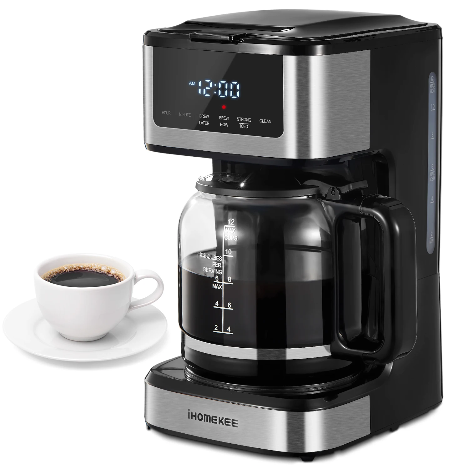 Cafetera de goteo programable, máquina de café con función de café helado, pantalla táctil, preparación Regular y fuerte, 12 tazas