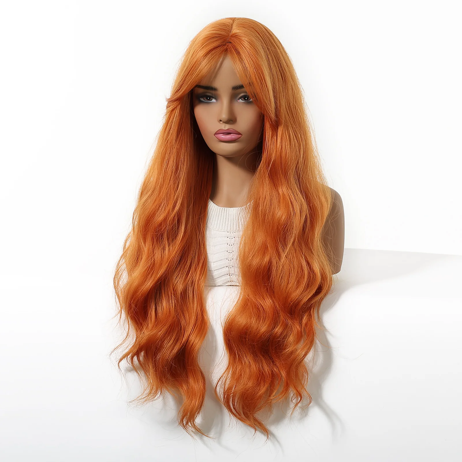 EASIHAIR 긴 물결 모양의 오렌지 합성 가발 여성용 오렌지 컬리 코스프레 가발 앞머리가 있는 자연 머리 크리스마스 축제 가발