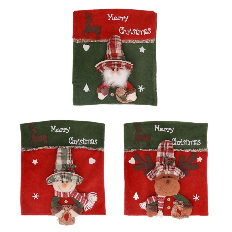 Fundas traseras sillas 3D con temática navideña Papá Noel y muñeco nieve para decoración navideña oficina y hogar, 1