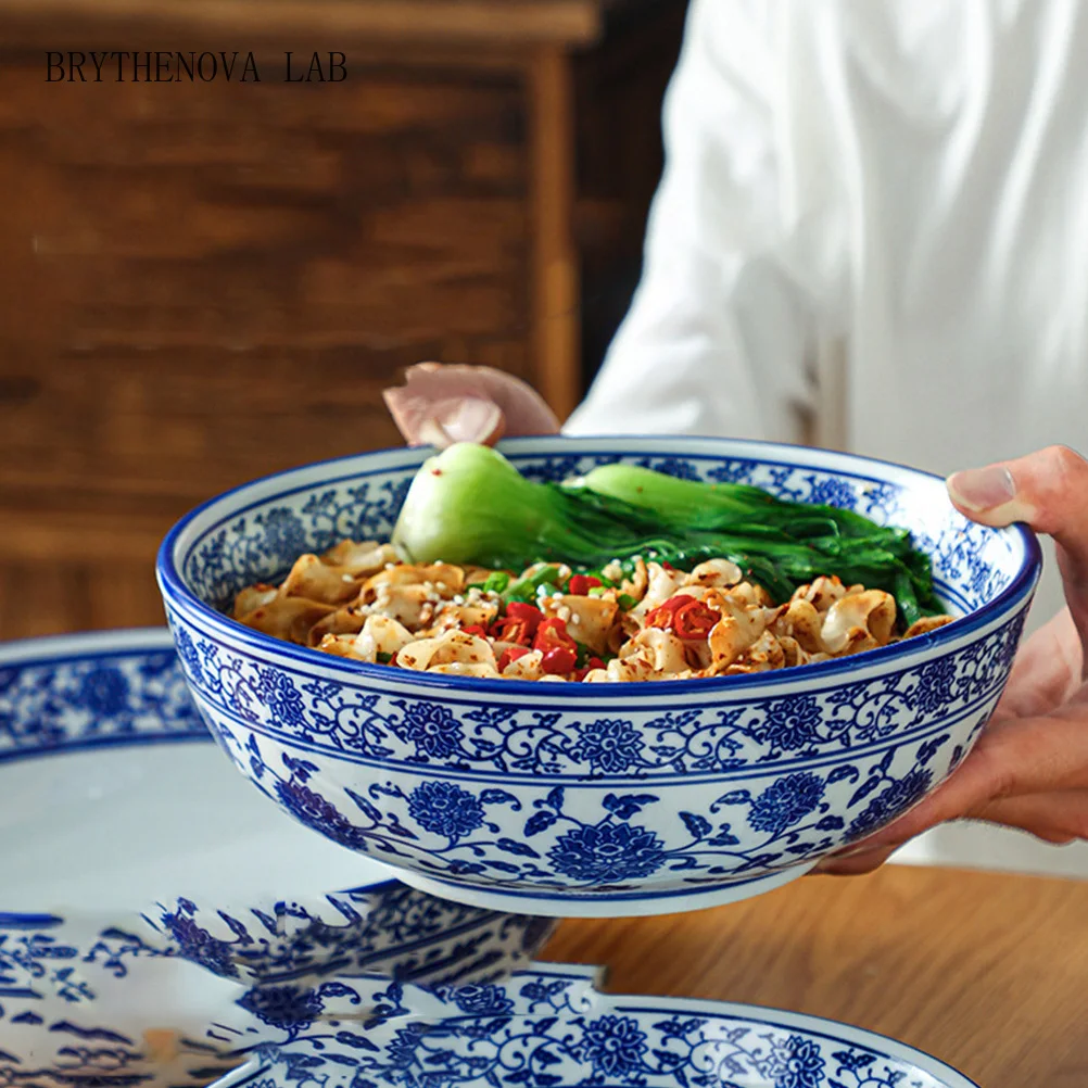 Chinese Ceramic Bowl Blue Noodles White Soup Bowl
