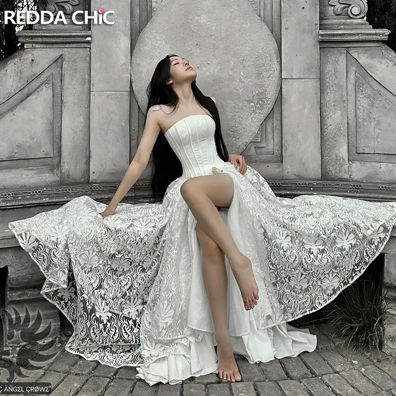 

Свадебное платье ReddaChic для женщин: без бретелек, кружевное, с корсетом на косточках, без спинки, с разрезом спереди, макси, длинное, в стиле кокетка, летняя одежда