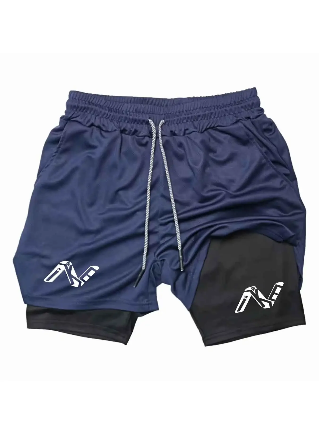 Men's 2-in-1 Double Layer Sports Shorts Quick Dry Breathable Gym Workout Running Training Shorts with Liner Black N Letter Print