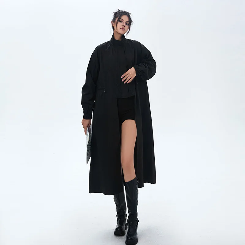 Women Work Irregular Trench Coats Maxi Long Jacket Full Sleeves Stand Collar Zipper Loose Fit Elegant Casual 2025 Autumn Winter