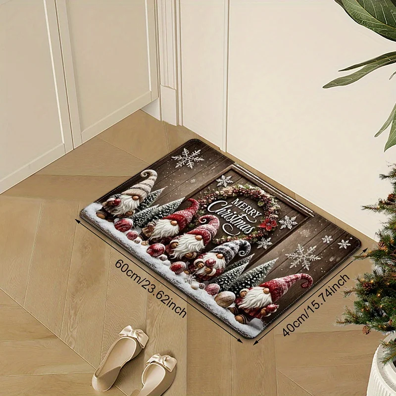 1 Christmas Doormat with Santa and Snowflake Pattern - Soft Polyester Non-Slip Indoor/Outdoor Mat, Red and Golden Snowscape Wi