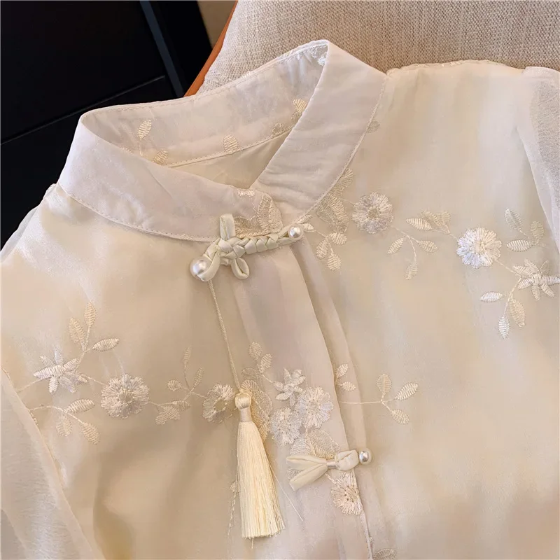 Chiffon Chinese Style Women\'s Shirt Summer Vintage Embroidery Blouses Loose Long Sleeves Women Tops Fashion Clothing