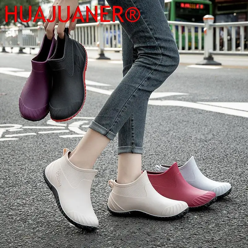 Water Shoes Women Shoes Ankle Rain Boots Rubber PVC Rainboots Waterproof Women Slip On Fashion Fishing Boots Flats Footwear