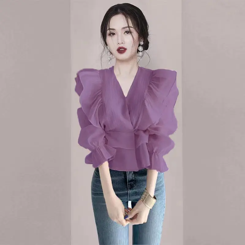 Women Clothing Summer New Long Sleeve Ruffles Printing Temperament Blouse Solid Lacing Elegant Short Shirt Tops Fashion Trend