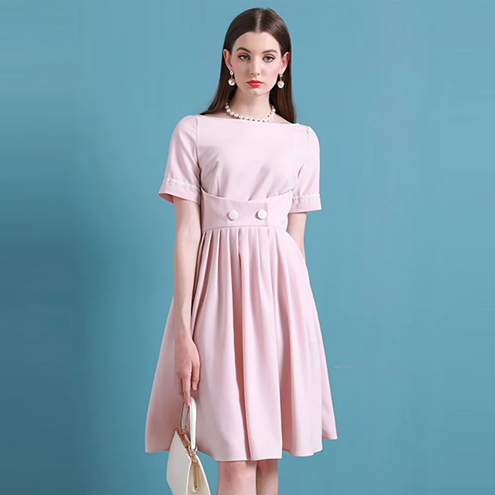 High End Hepburn Style Lady One Line Collar Dress 2021 Summer Medium Length Pleated Skirt Female Pink