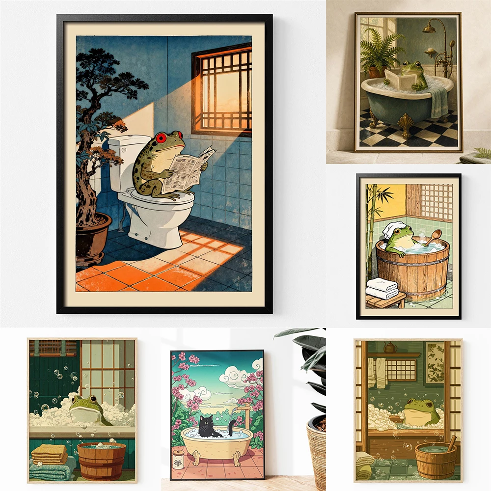 Frog in Bathtub Art Print Japandi Bathroom Wall Decor Poster Whimsical Frog Bathroom Wall Art Funny Frog in Bathtub Print Toilet