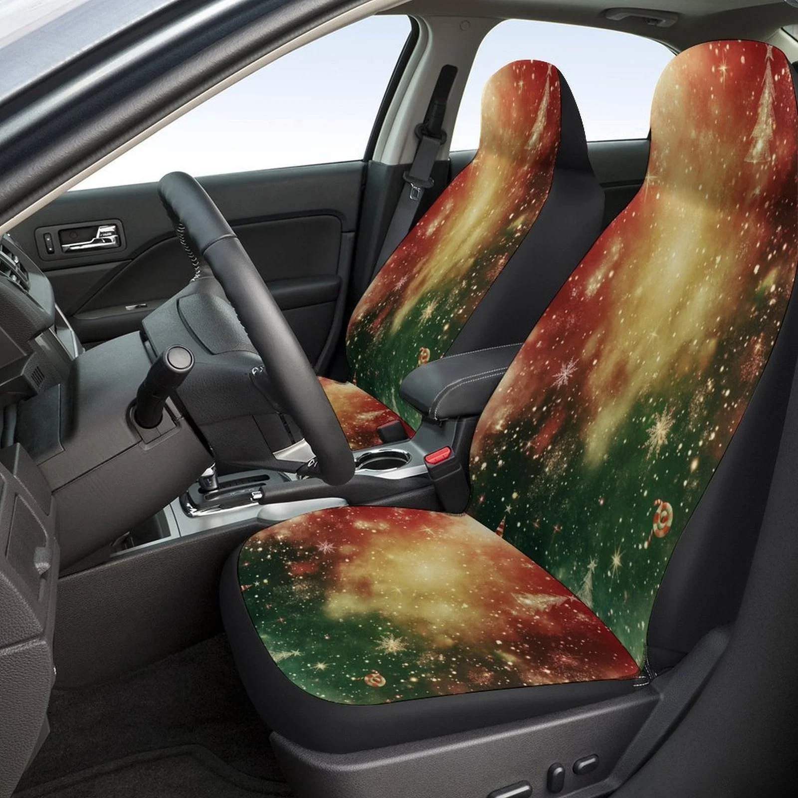 Fit Christmas Magic Night Themed Car Seat Cover Set For Most Vehicles - Full Set For 2 Front & Rear Seats (Driver/Passenger, Bac