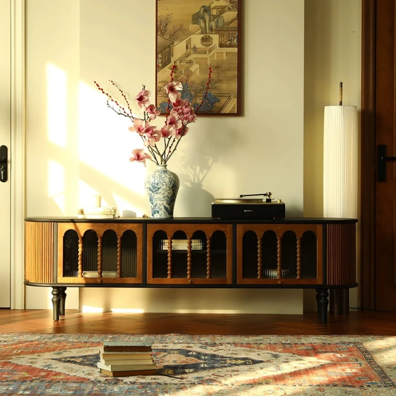 

Retro TV cabinet Living room audio-visual cabinet Solid wood medium and ancient style floor cabinet StorageColor