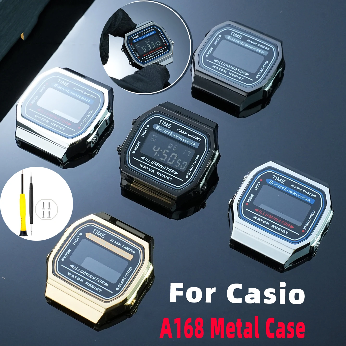 Kit de modificación de caja metálica A168WA, bisel de acero inoxidable sólido, caja plateada y negra para reloj Casio serie 3298 A168, accesorio modificado.