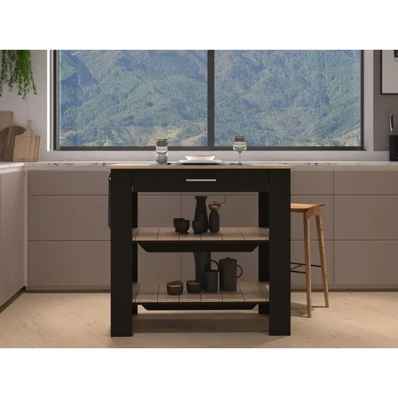 

Kitchen Island 37 H, Two Open Storage Shelves, One Drawer, Four Legs,Towel Hanger, Black / Light Oak