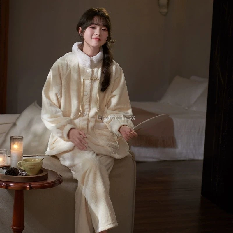 

2025 new chinese ancient style flannel pajamas for women autumn winter thickened fleece stand collar set coral fleece home wear