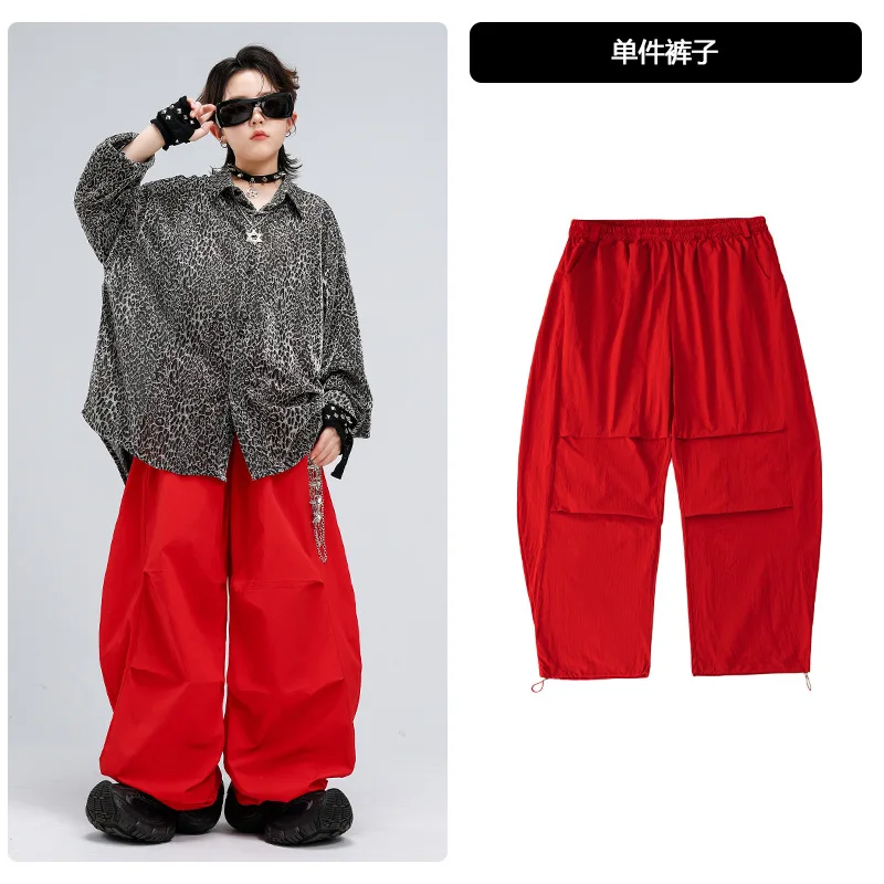 Girl Boy Kpop Hip Hop Clothing Silver Leopard Print Long Sleeve Shirt Red Casual Parachute Pants for Kids Dance Costumes Clothes