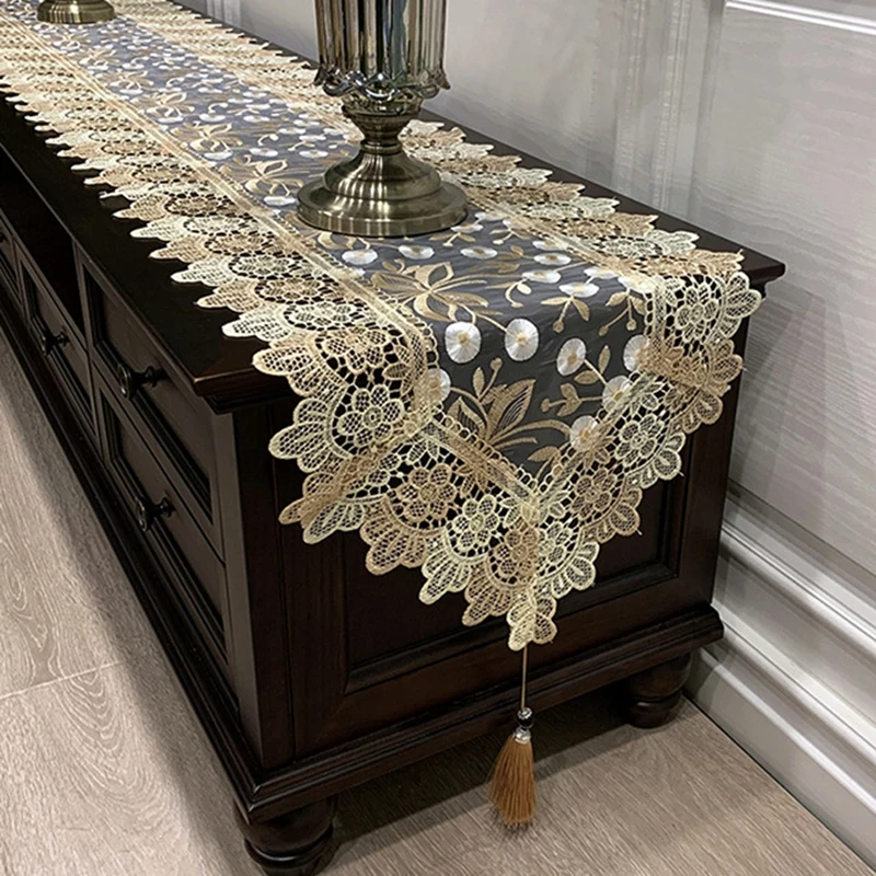 Oval Lace Table Runner Embroidered TV Cabinet Tablecloth Lace Pendant Tassel Dresser Table Flag Dust Cover Christmas Table Cloth