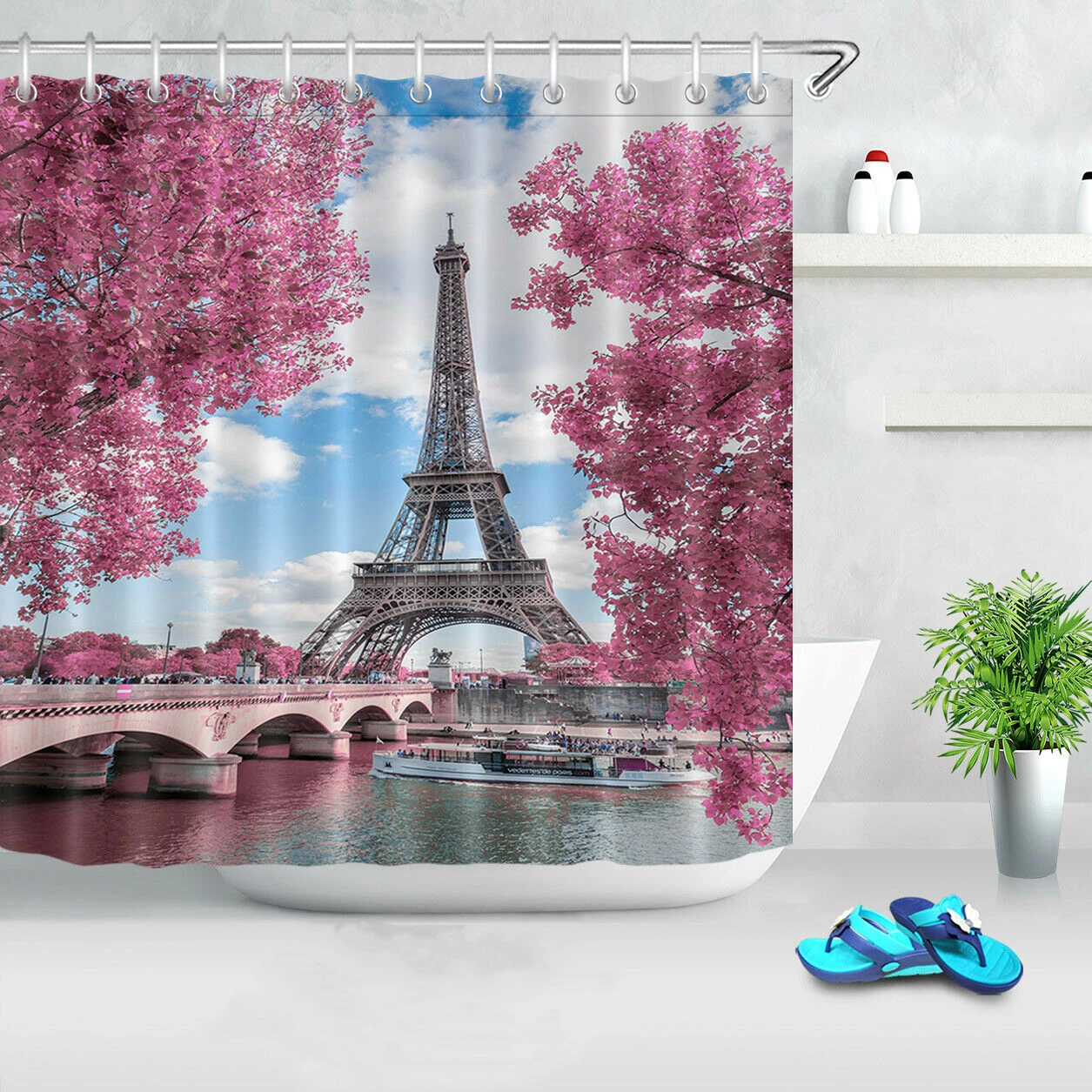 Pink Leaves Romance Paris Eiffel Tower Fabric Shower Curtain