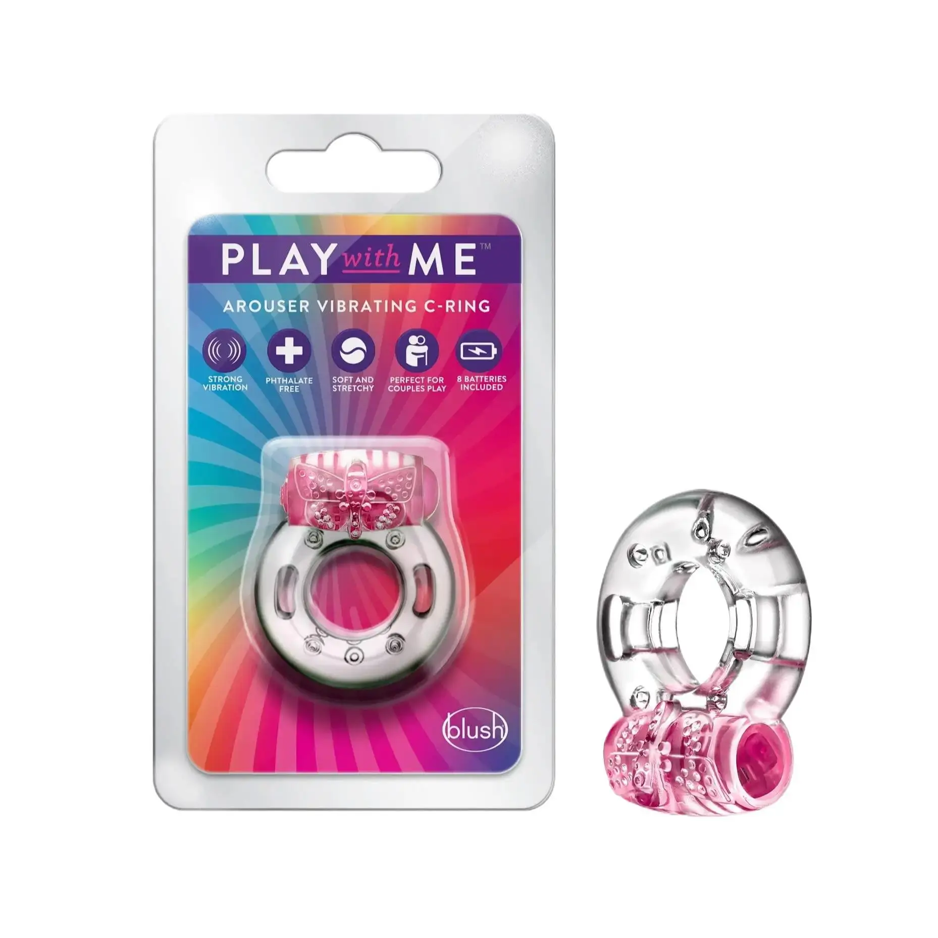 

Play with Me by Blush - Arouser Vibrating C Ring - Soft & Stretchy - Reusable, Includes 4 Sets of Batteries - Clitoris Stim