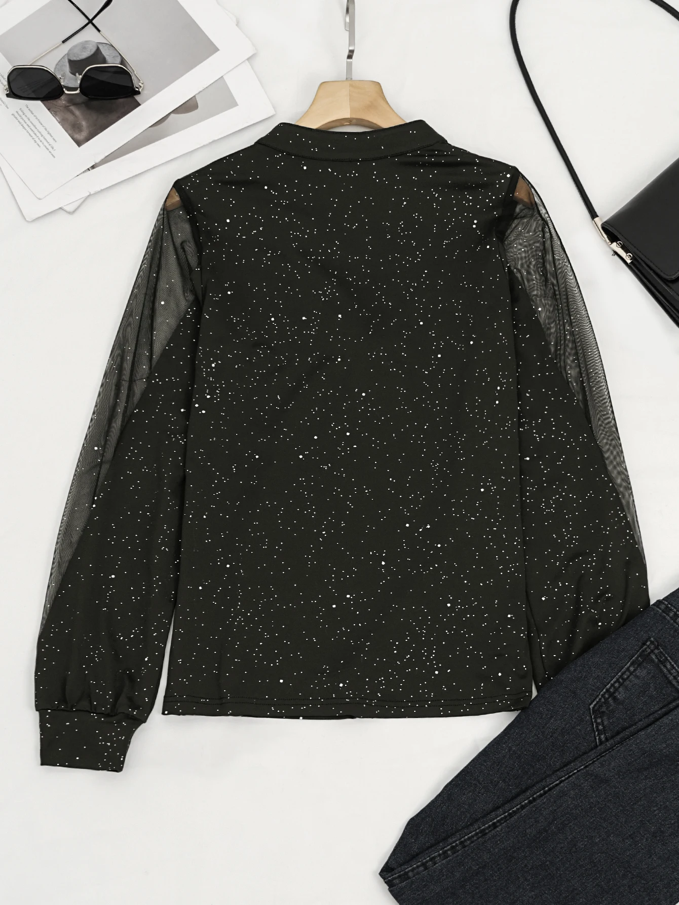 بلوزة بأكمام شفافة وطبعة نجمة سوداء - بلوزة كاجوال من الشيفون اللامع برقبة على شكل حرف V للنساء #4