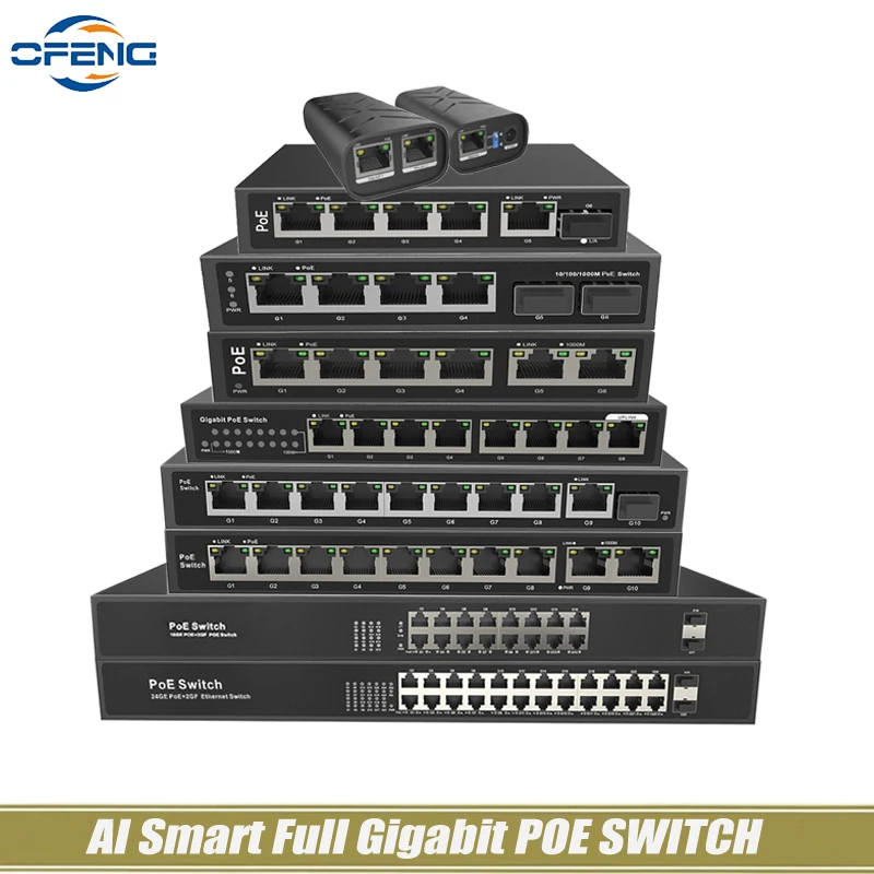 

Full Gigabit POE Switch 1000mbps 3/6/8/10/18/26 Port AI Watchdog Suitable for IP Camera/ Wireless AP/POE Camera AI Smart Switch