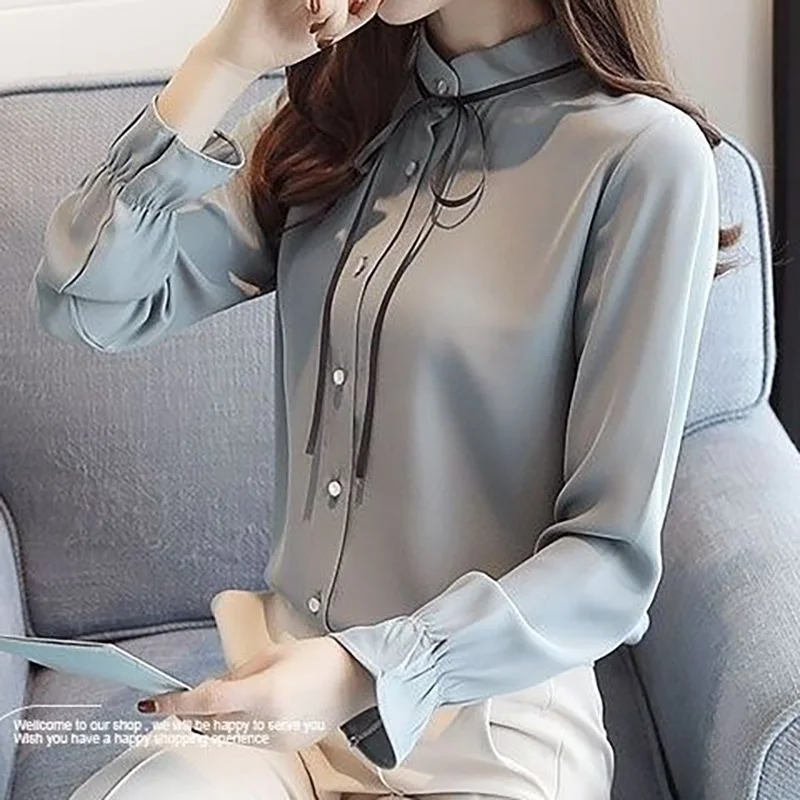 Elegant Stand Collar Button Lace Up Bow Shirt Female Clothing 2022 Autumn New Loose Casual Tops Long Sleeve Sweet Blouse