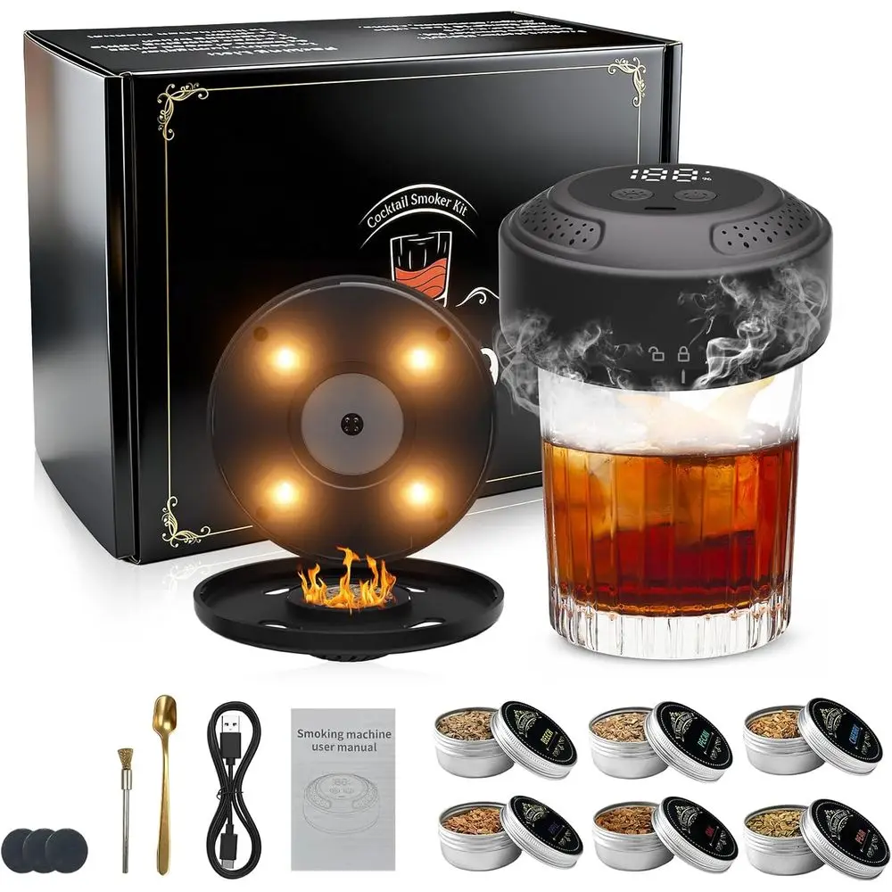 

Rechargeable Whiskey Cocktail Smoker Set with 6 Wood Types & Built-In Lighter